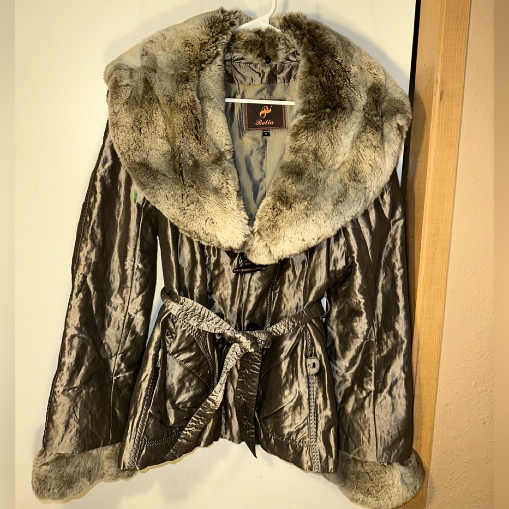 Belta Real Rabbit Fur Trim Coat Metal Metallic Yarn Gray Silver Mob Wife